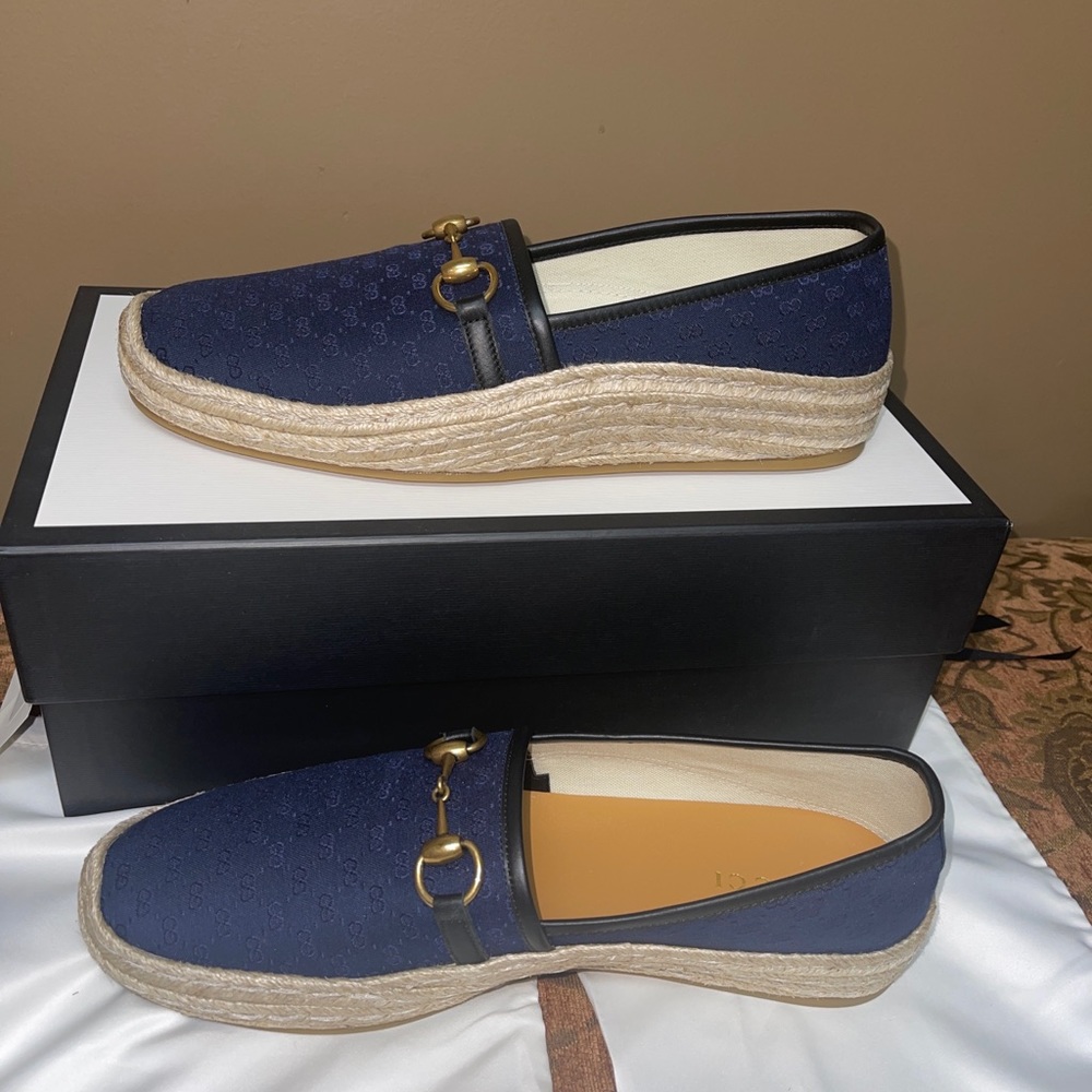 Gucci London Blue GG  Mignon Soft Canvas Horsebit Flat Espadrilles Men Sz 11 NIB - Picture 3 of 15